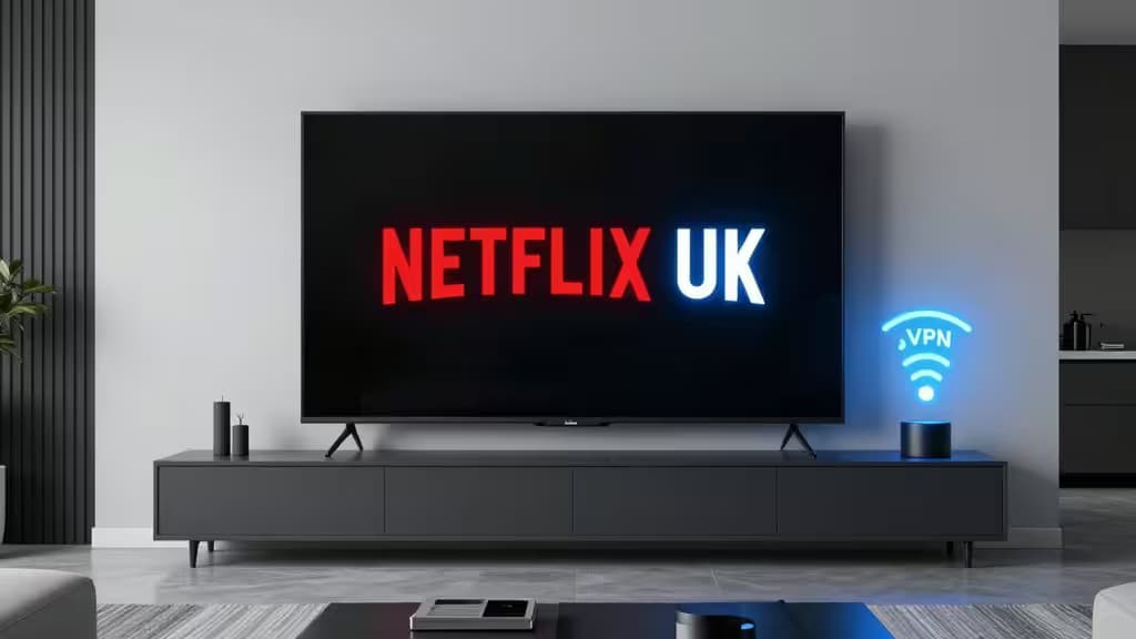 Un téléviseur moderne affiche le logo Netflix UK avec une icône VPN lumineuse à côté, symbolisant l'accès depuis les États-Unis.