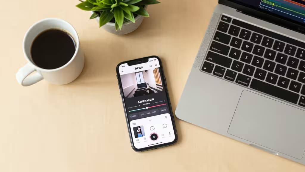 Smartphone displays AI video editor beside laptop and coffee on wooden desk.