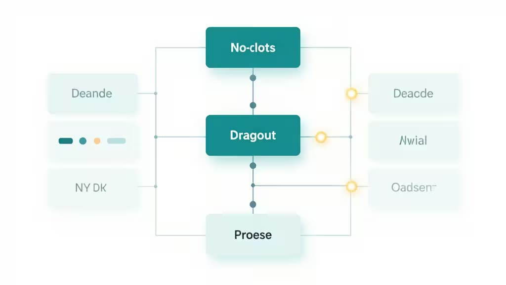 Teal nodes labeled "No-clots," "Dragout," and "Proese" connect via glowing lines on a white canvas, illustrating a no-code AI agent builder interface.