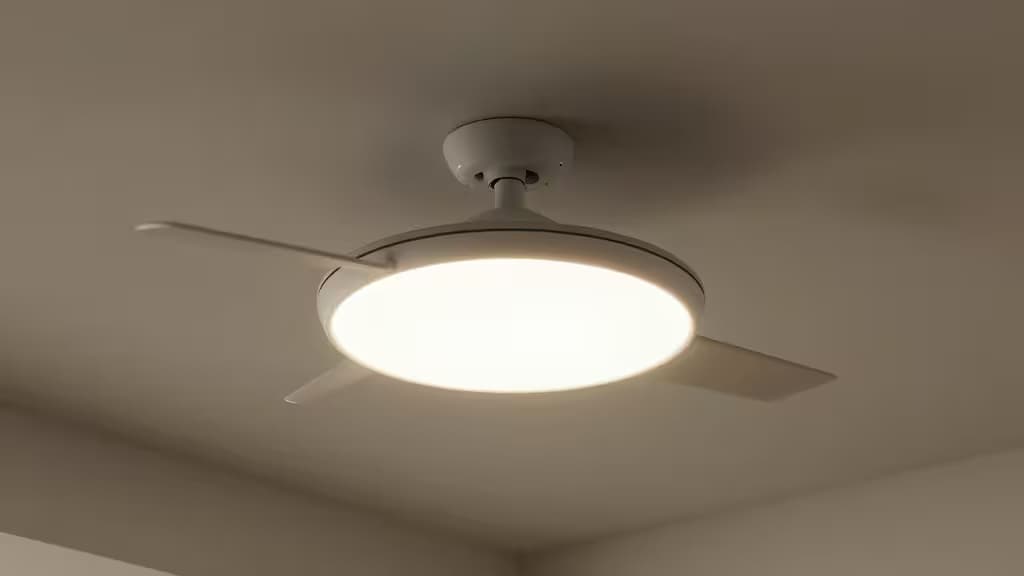 Современный умный потолочный вентилятор с интегрированной LED-подсветкой в минималистичной гостиной