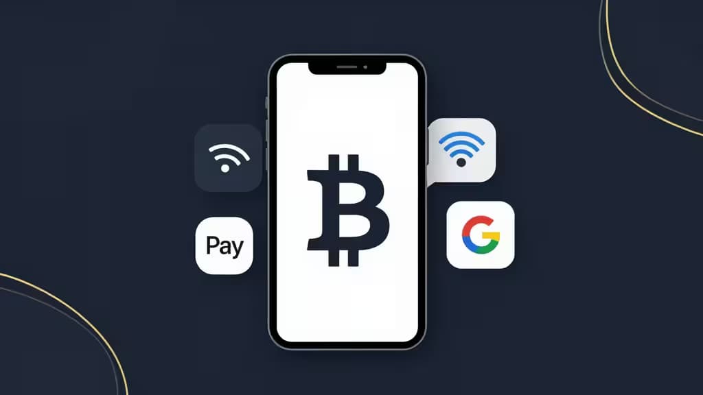 Um smartphone exibe um símbolo de Bitcoin, ladeado por ícones de Apple Pay e Google Pay, ilustrando métodos de pagamento digital para transações de criptomoedas.
