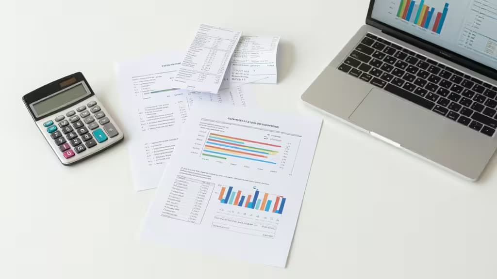 Overhead view of an organized desk with financial documents, a calculator, receipts, and a laptop displaying colorful charts and graphs in soft natural light.