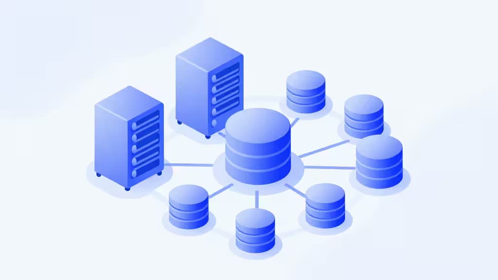 Abstract illustration of cloud backend infrastructure with geometric server racks, database cylinders, and interconnected network nodes in blue and purple gradients