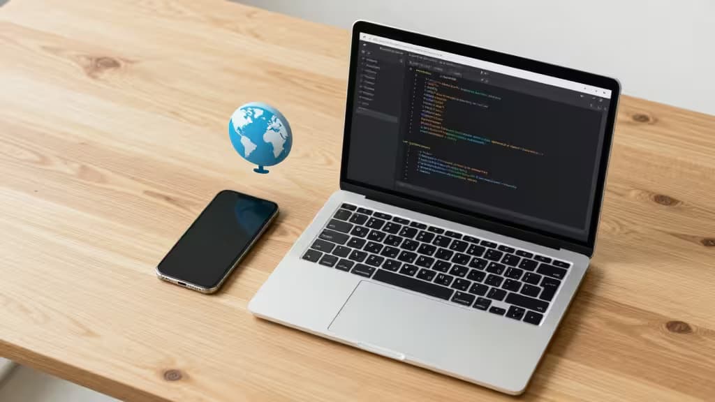 Laptop toont code naast smartphone en globe-icoon op houten bureau, symbool voor local-first database oplossingen.
