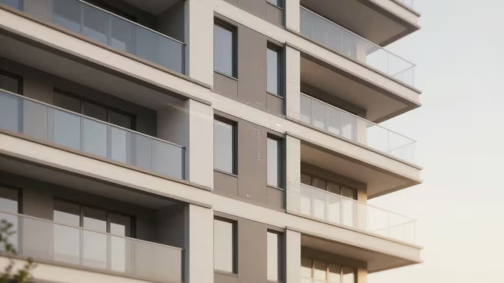 Abstract architectural rendering of a modern residential building facade with subtle AI data visualization overlays in warm neutral tones