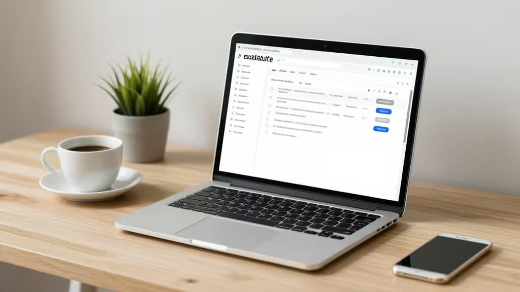 Ein Laptop mit KI-E-Mail-Assistent-Oberfläche auf einem Holzschreibtisch neben Kaffeetasse und Smartphone