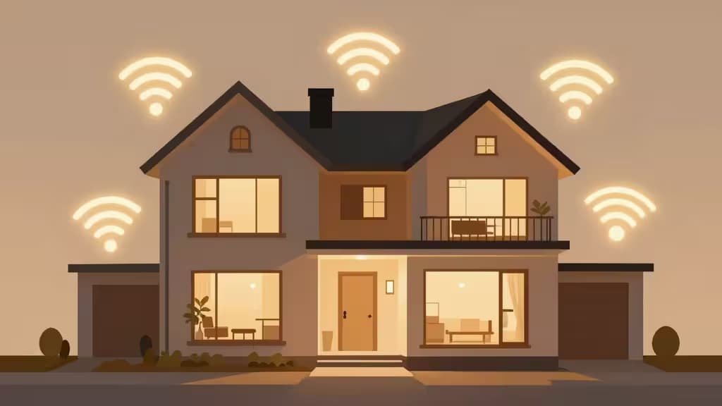 Glowing Wi-Fi symbols float above a two-story suburban home, illustrating seamless mesh network coverage for large smart homes.