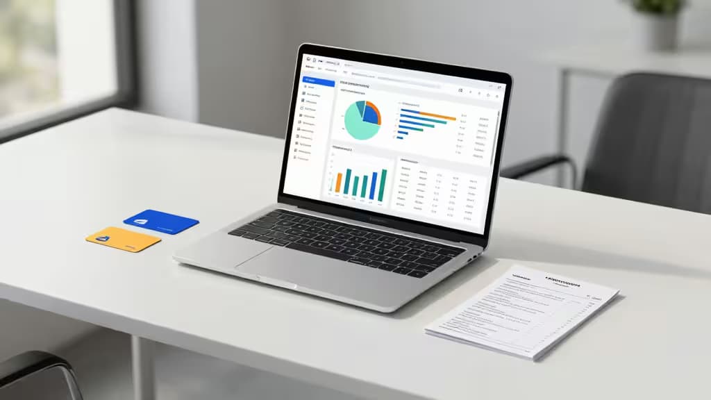 Moderner Startup-Arbeitsplatz mit Laptop, auf dem Finanzdiagramme angezeigt werden, daneben Corporate Cards und Belege