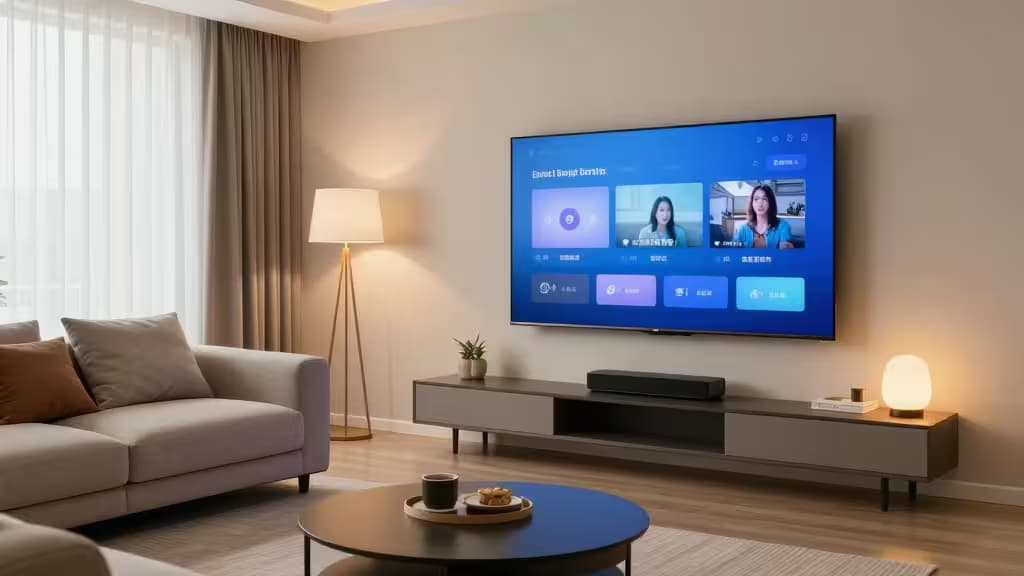 Smart TV displays automation interface above sleek media console in modern living room.