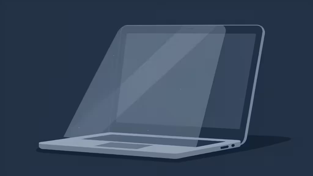 Абстрактная иллюстрация ноутбука с privacy-фильтром: экран виден прямо, по бокам затемнён, сине-серые тона