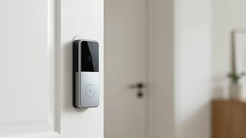 Une sonnette connectée argent et noir élégante montée sur une porte blanche, mettant en valeur son design moderne et sa facilité d'installation.