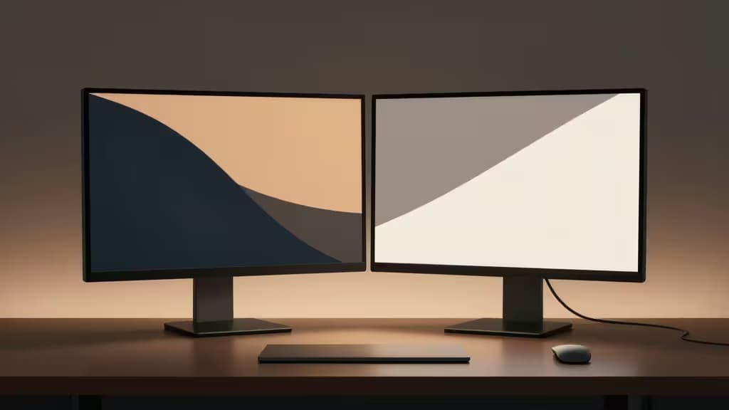 Dual monitors display abstract art, illuminated by a warm asymmetric glow from a budget monitor light bar on a sleek wooden desk.