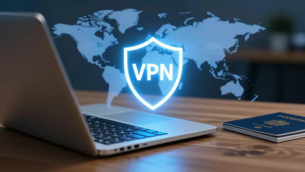 Laptop displays glowing VPN shield over world map, passport nearby on wooden desk.