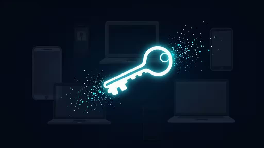Concept abstrait de sécurité numérique : une clé lumineuse se dissolvant en particules chiffrées à travers plusieurs silhouettes d'appareils (téléphone, ordinateur, tablette) sur fond bleu nuit.