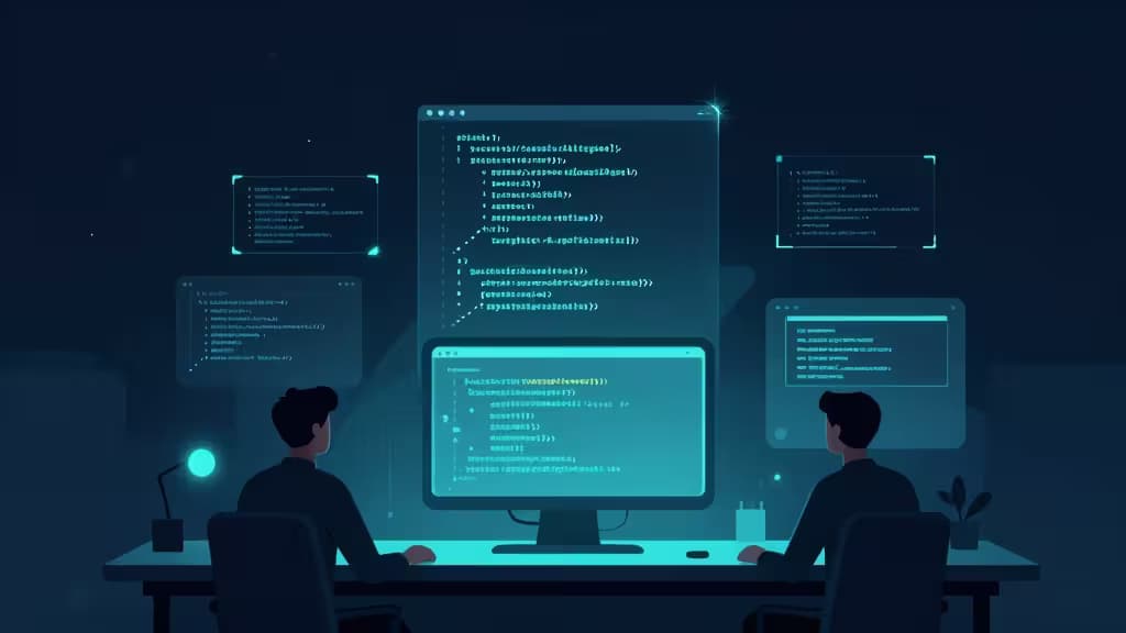 Dwóch programistów współpracuje nad kodem, otoczonych unoszącymi się fragmentami kodu generowanymi przez AI, symbolizując zaawansowane agenty AI do kodowania dla zespołów enterprise.