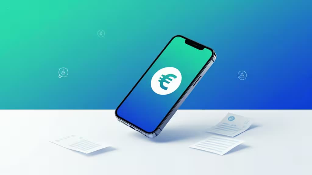 Smartphone displaying euro symbol floats above documents on white surface against teal-blue gradient background.