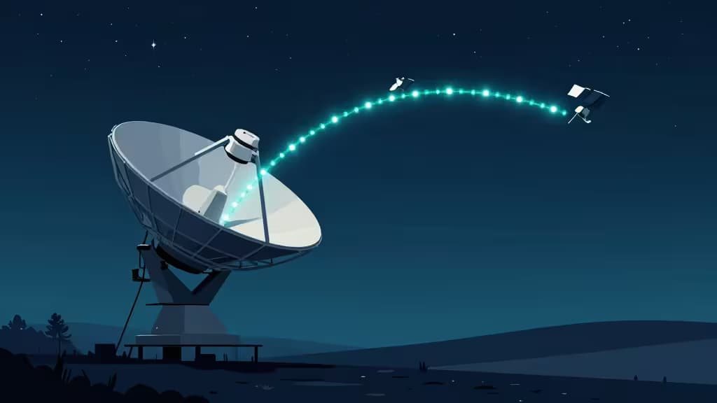 A satellite dish on a rural hilltop under a starry sky, with a glowing encrypted data tunnel arcing toward orbiting satellites.