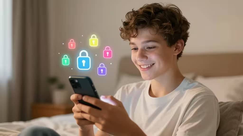 Adolescent souriant regardant son smartphone, entouré d'icônes de cadenas lumineux symbolisant la sécurité numérique.