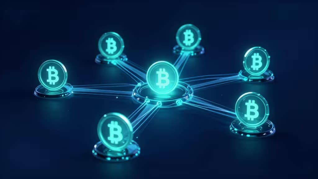 Glowing Bitcoin tokens flow through interconnected validator nodes on a dark blue background.