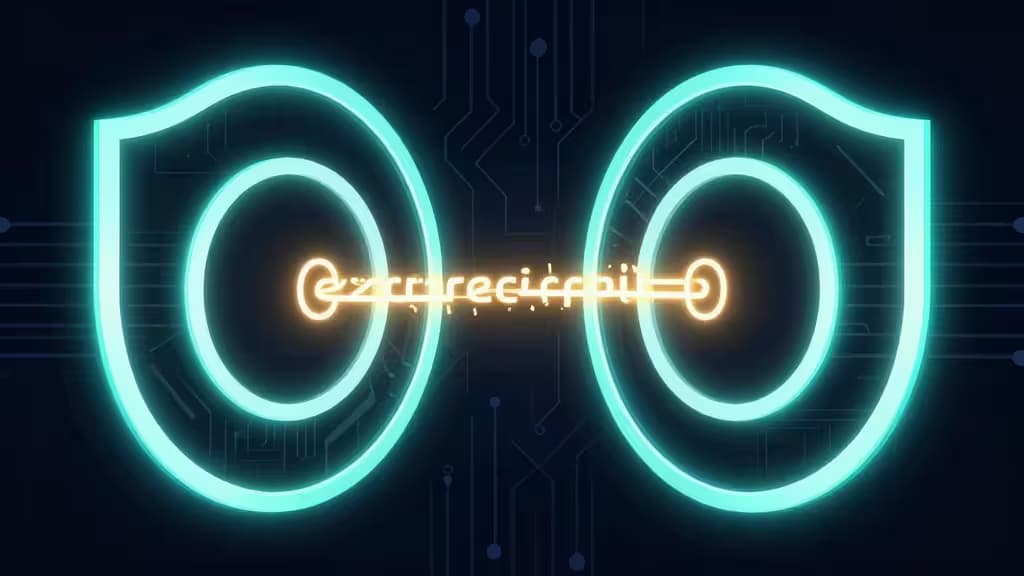 Due scudi luminosi color ciano racchiudono una chiave cifrata dorata, simboleggiando la protezione VPN a doppio livello su uno sfondo a circuito integrato.