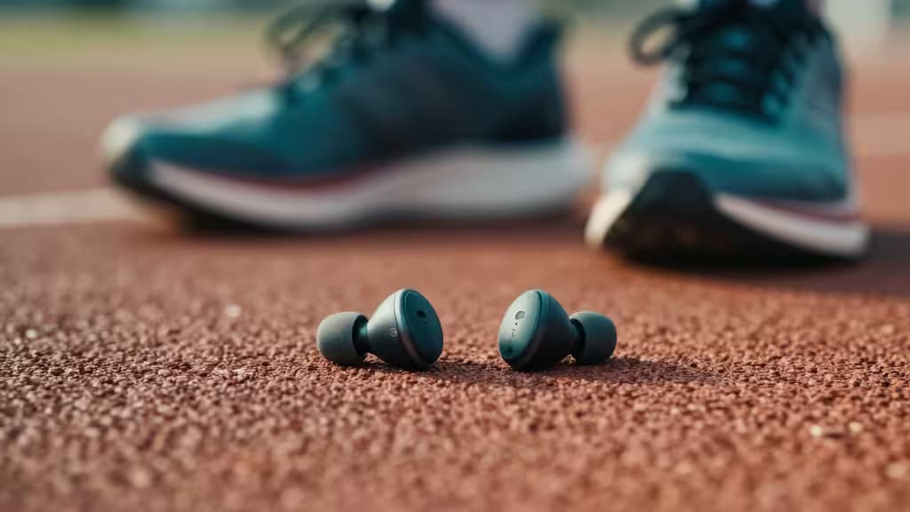 Auriculares inalámbricos de color verde oscuro sobre una pista de atletismo roja, con zapatillas de correr difuminadas al fondo.