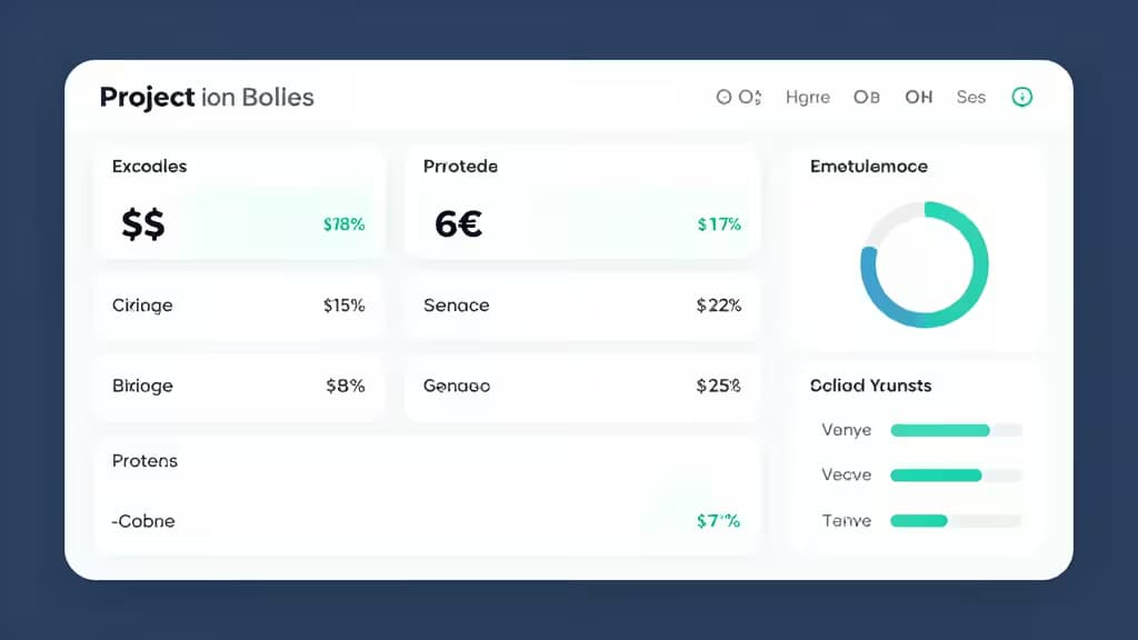 White dashboard displays financial metrics, percentages, and a teal-blue circular chart against a dark blue background.