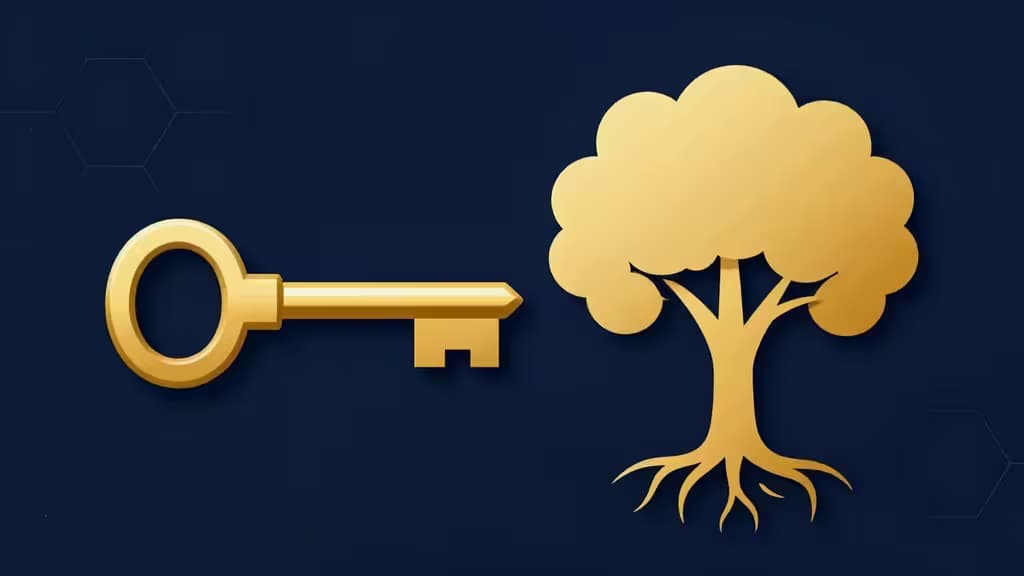 Golden key and tree on dark blue background symbolize crypto inheritance tools.