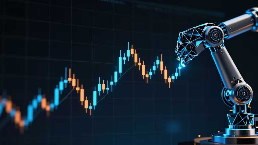 Een robotarm met gloeiende blauwe verbindingen die een dynamische cryptografiek bedient, symbool voor geautomatiseerde DCA-handel.