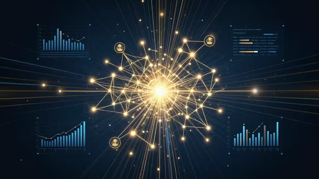 Uma rede neural brilhante com gráficos de dados e ícones de usuários irradiando de uma fonte de luz central.