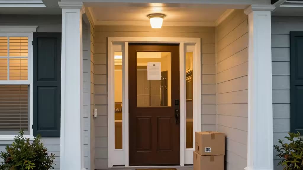 Front porch with brown door, white columns, and cardboard packages near entryway.