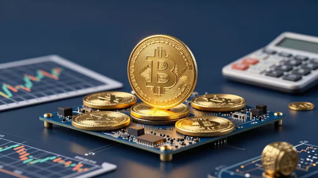 Golden Bitcoin coins rest on a circuit board, symbolizing cryptocurrency mining and financial calculations for tax reporting.