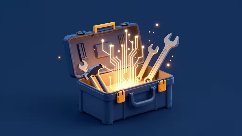 Blue toolbox holds wrenches and hammer, glowing with golden AI circuit patterns against a dark blue background.