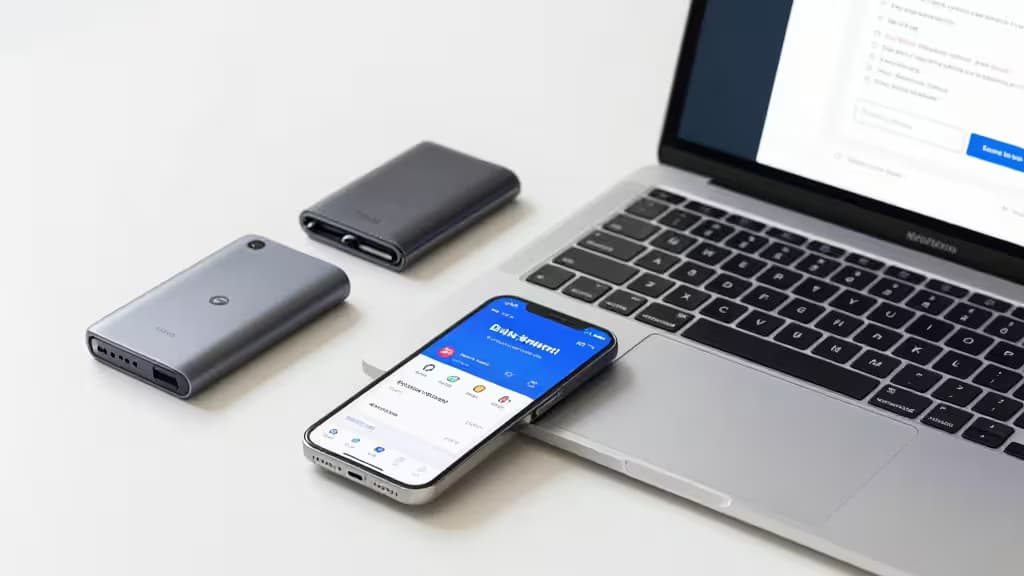A sleek MacBook, smartphone, and two hardware wallets rest on a white desk, showcasing secure crypto storage options.
