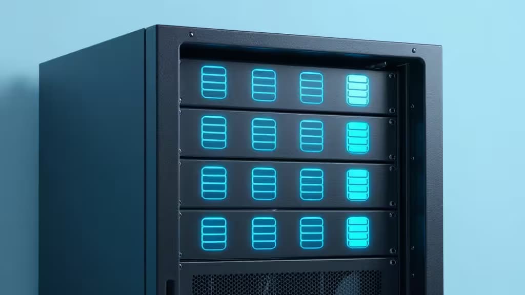 Black server rack with glowing blue drive indicators, symbolizing affordable MySQL backup solutions.