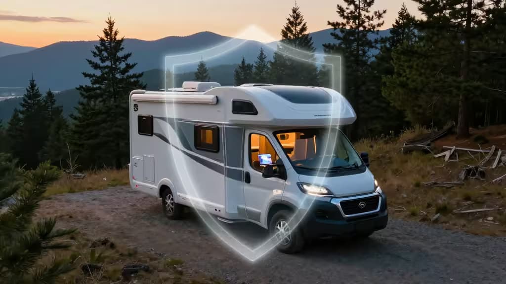 A white RV parked on a forested hillside is encased in a glowing digital shield, symbolizing secure internet access during remote travel.