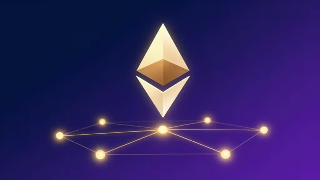 Abstract illustration of Ethereum staking with a glowing diamond logo connected to a network of validator nodes on a deep blue and violet gradient background.
