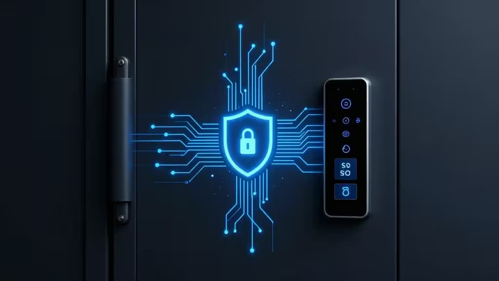 Glowing blue circuit shield with padlock adorns dark server rack beside digital SSO access panel.