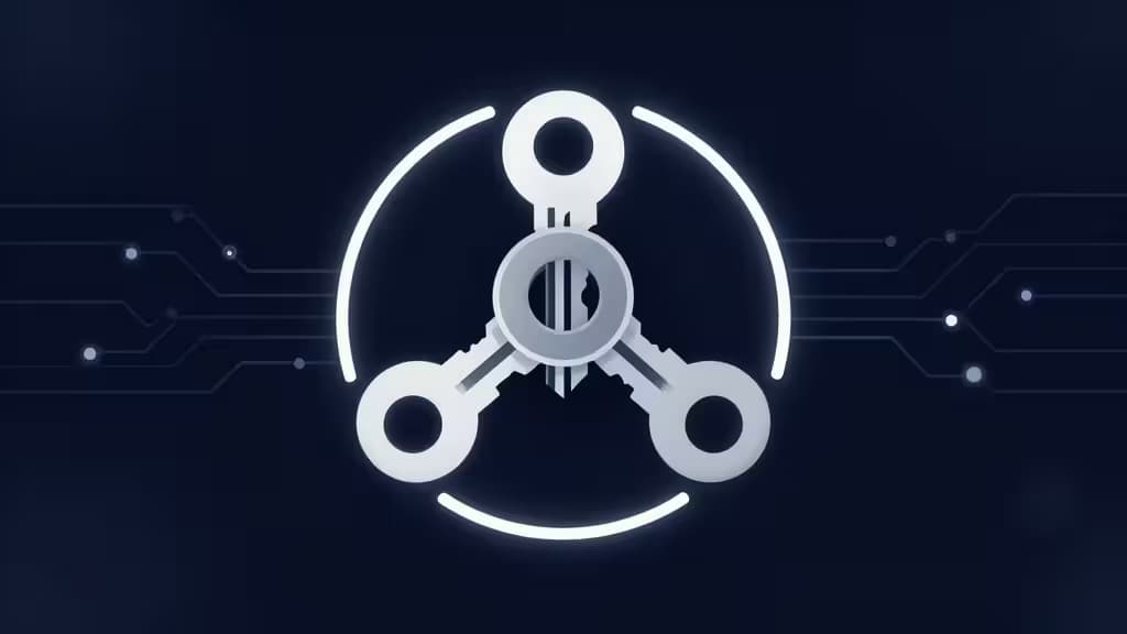 Three glowing white keys interlock within a luminous ring against a dark circuit-board background, symbolizing multi-signature crypto wallet security.