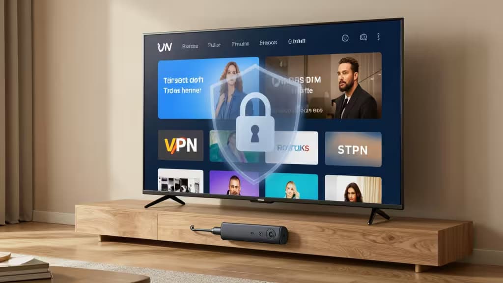 Nowoczesny salon z telewizorem Smart TV i Firestickiem, na ekranie widoczny jest interfejs streamingu z zabezpieczeniem VPN