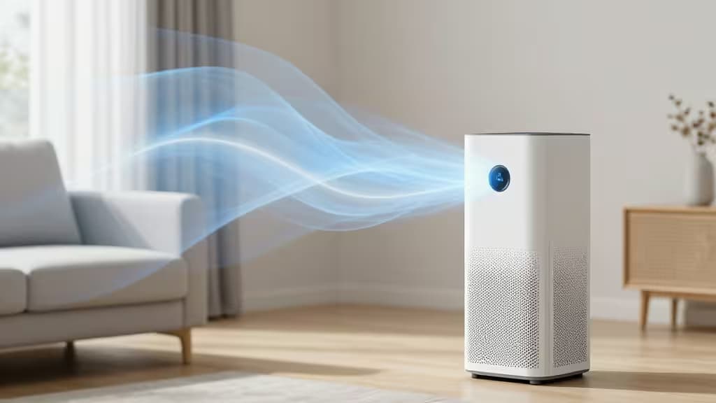 Purificador de aire inteligente en un salón moderno con ondas de aire limpio en tonos azules y blancos