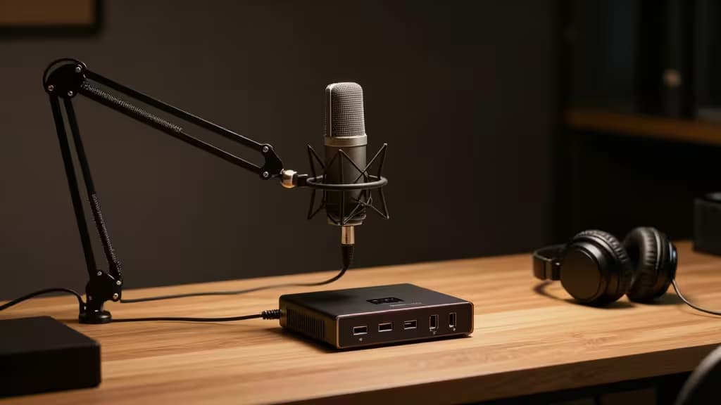 A compact USB audio interface on a studio desk with a condenser microphone on a boom arm and headphones in warm ambient lighting