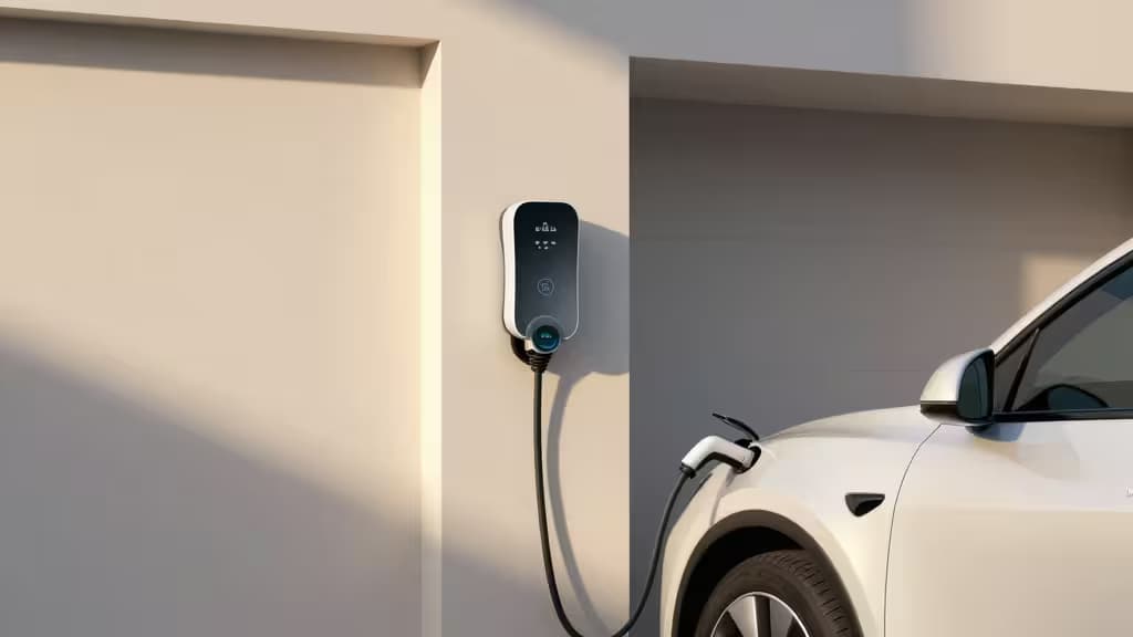 A sleek white EV charges via a wall-mounted smart charger in a minimalist garage.