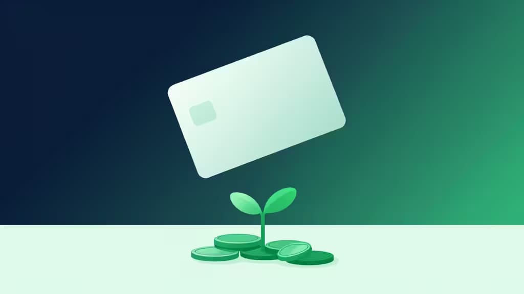 A blank credit card floats above a green seedling sprouting from coins, symbolizing building business credit from scratch.