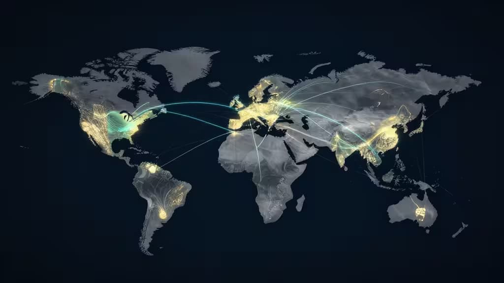 Redes financieras doradas brillantes conectan continentes sobre un mapa mundial oscuro y texturizado.