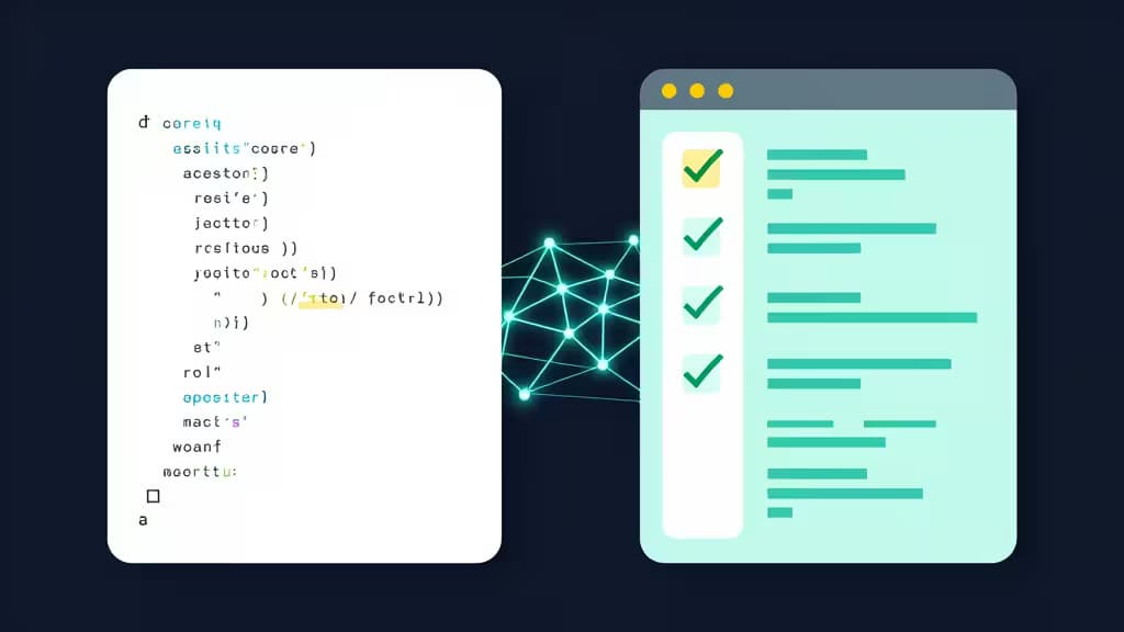 Code snippet connects to neural network, flowing into checklist interface symbolizing AI-powered automated code review process.
