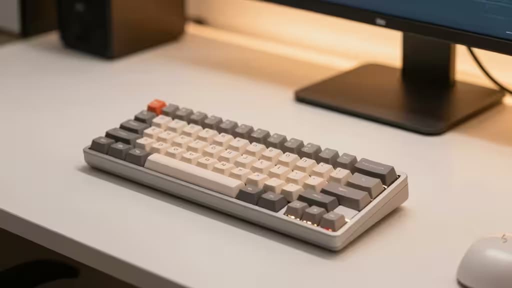 Механическая клавиатура с RGB-подсветкой и кастомными кейкапами на белом столе.