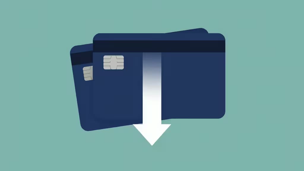 Abstract illustration of multiple credit card shapes merging into a single downward arrow, symbolizing debt consolidation and reduced interest rates, in muted teal and navy blue tones.
