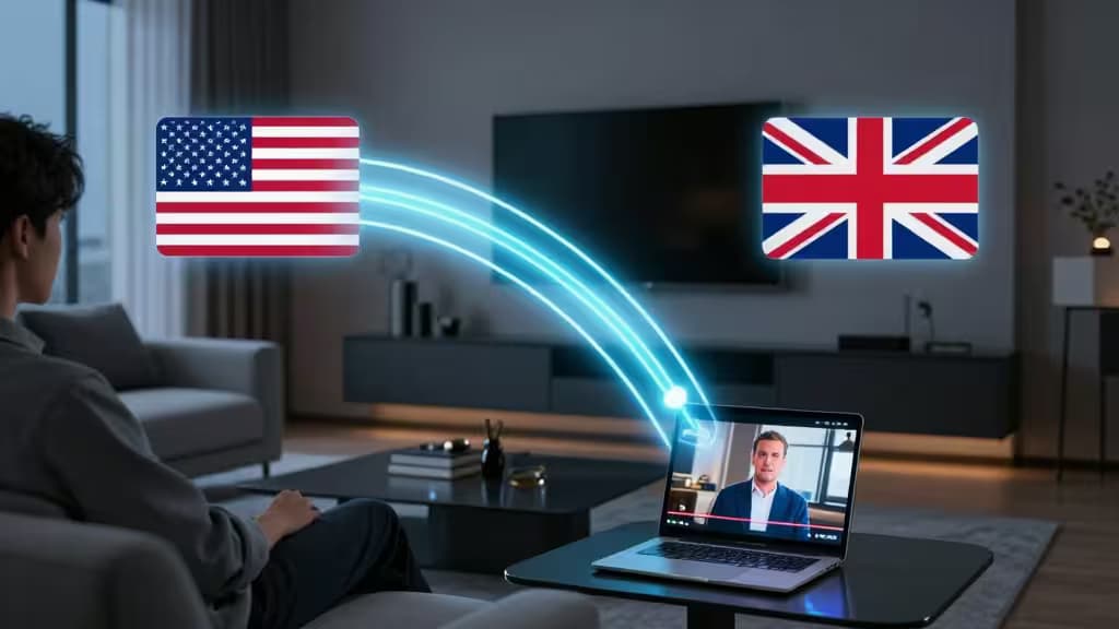 A man streams UK Netflix on his laptop, with glowing lines connecting US and UK flags.