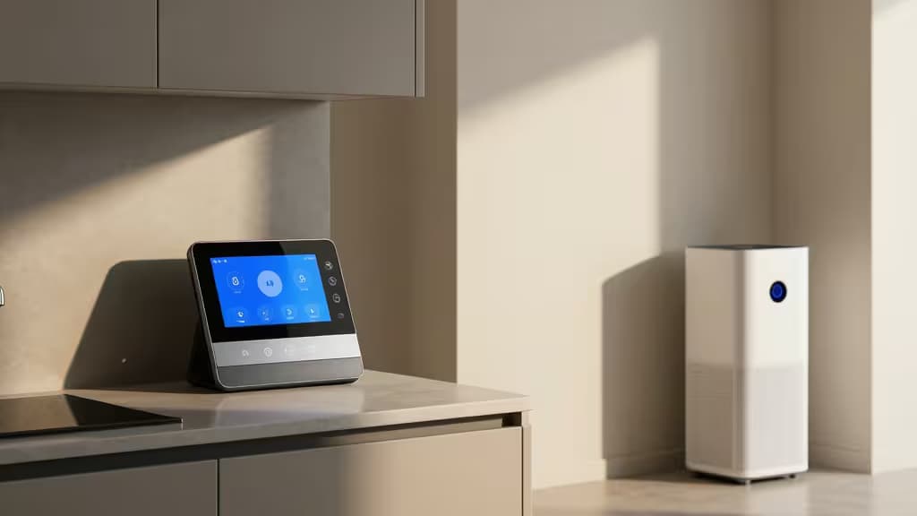 Elegancka centrala smart home z świecącym niebieskim interfejsem na nowoczesnym blacie kuchennym obok białego oczyszczacza powietrza, w ciepłym świetle słonecznym.