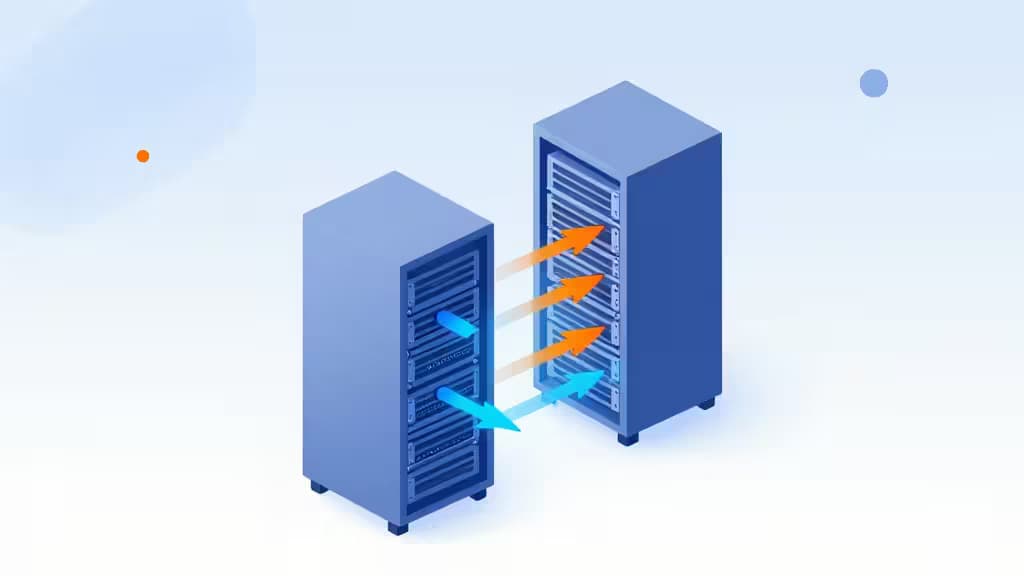 Isometric blue server racks with orange and cyan data flow arrows.